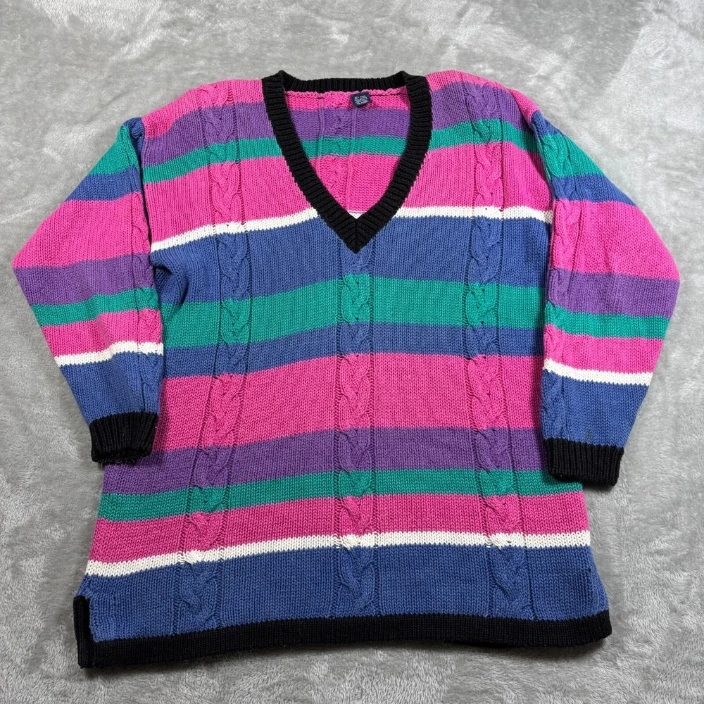 Vintage Cable Knit Sweater Women XL Pink Striped V Neck‎ Colorful 80s Cottage